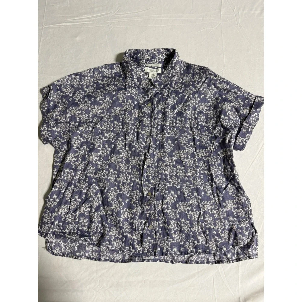 Rachel Zoe Women Floral 100% Linen Short Sleeve Button Up Shirt purple Size M - Picture 1 of 10
